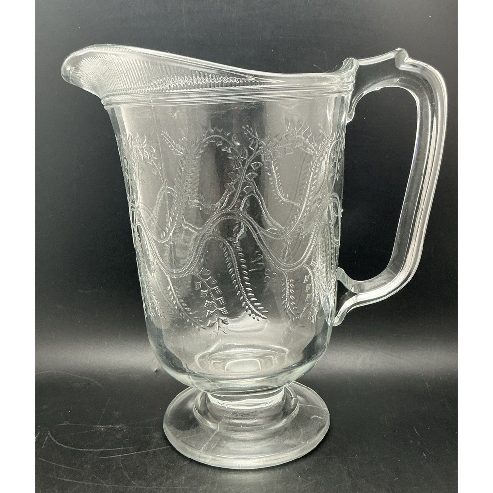Vintage/Antique EAPG 9" Clear Glass Water Pitcher Etched Victorian‎ Fern & Vine